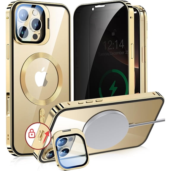 isdkj[Camera Invisible Stand & Slide Pop-up Lock Magnetic Privacy Case for iPhone 16 Pro [Compatible with MagSafe] [Full Lens Protection Invisible Kickstand] Full Body Metal Bumper Cover-Gold