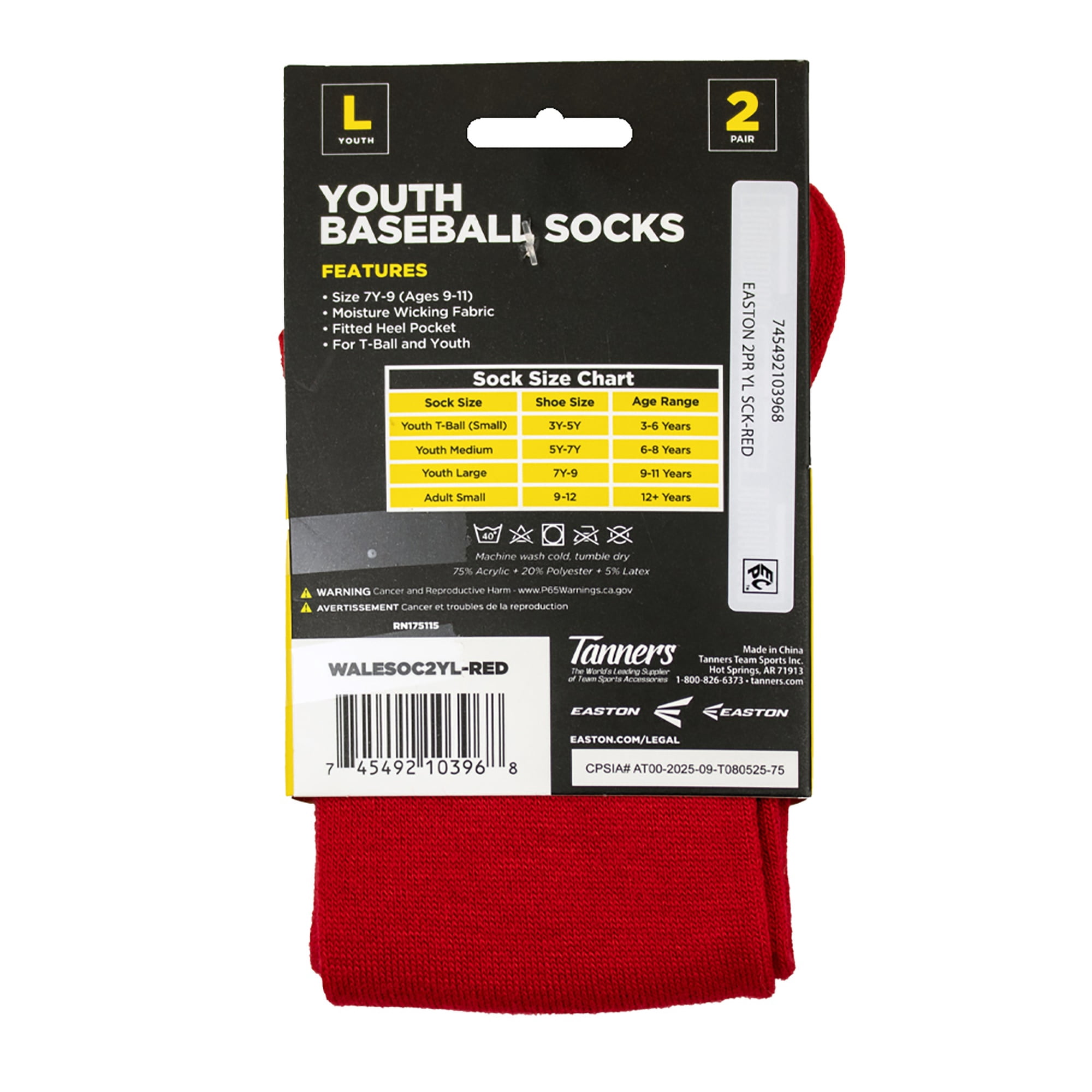 Easton Youth Baseball Socks, 2 Pair (Youth Large/Red)