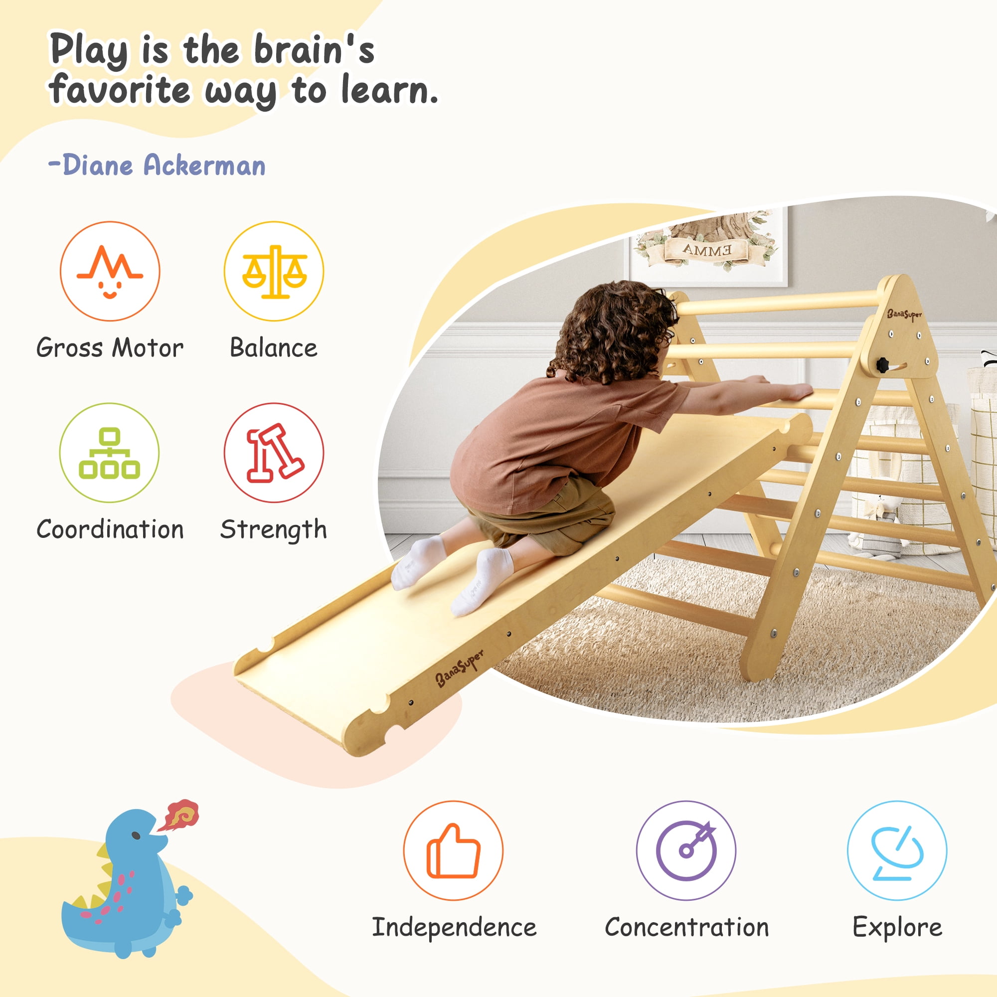 Banasuper Foldable Pikler Triangle Climber with Ramp 2-in-1 Wooden Climbing Triangle Set with Ladder & Slide Montessori Climbing Toys for Toddler Kids Indoor Playground Play Gym