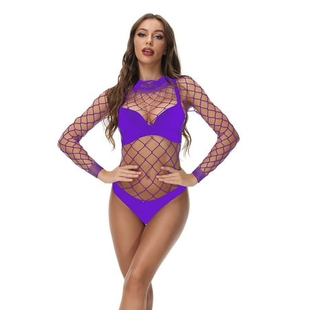 GZWYHT Bodysuits for Women Clearance Lingerie for Women Women Lingerie Long Sleeves Bodysuit Sexy Mesh Teddy Underwear Fishnet Lingerie Women S Lingerie  Sleep & Lounge  Purple One Size