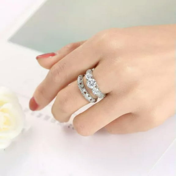 EOEMY 3-Stones Aaa Cz Anniversary Band Women'S 925 Silver Engagement Rings Set Sz 6-10
