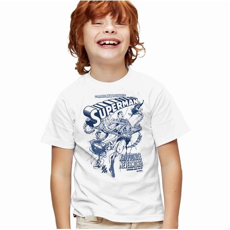 Popfunk Superman Comic Break Through Kids T Shirt for Youth Boys and Girls, White, Medium