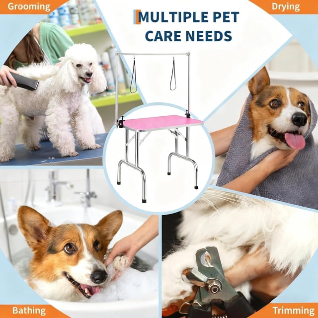 EDTara Table de Toilettage pour Chien Pliable Robuste, Station de Toilettage pour Animal de Compagnie Réglable avec Cadre en Acier Inoxydable Robuste, Bras, Corde de Toilettage et Tablette de Rangement