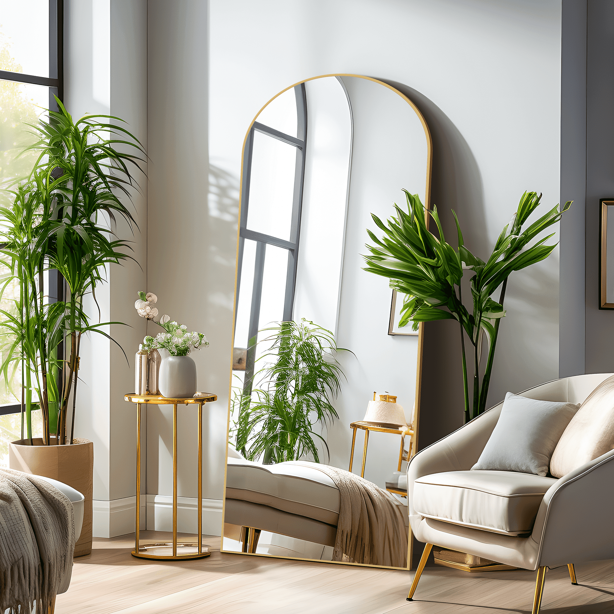 MAYEERTY Arched Wood Full Length Mirror Oversized Floor Mirror Accent Wall Mirror,Gold