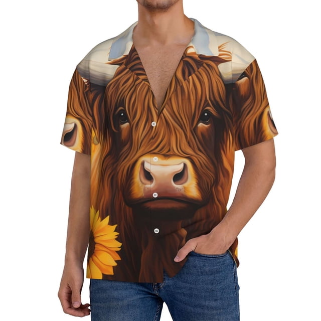 Balery Countryside Sunflower Cow Camisa Casual de Manga Corta con Botones para Hombre, Texturizada, Estilo Cubano, para Playa, Verano-Large