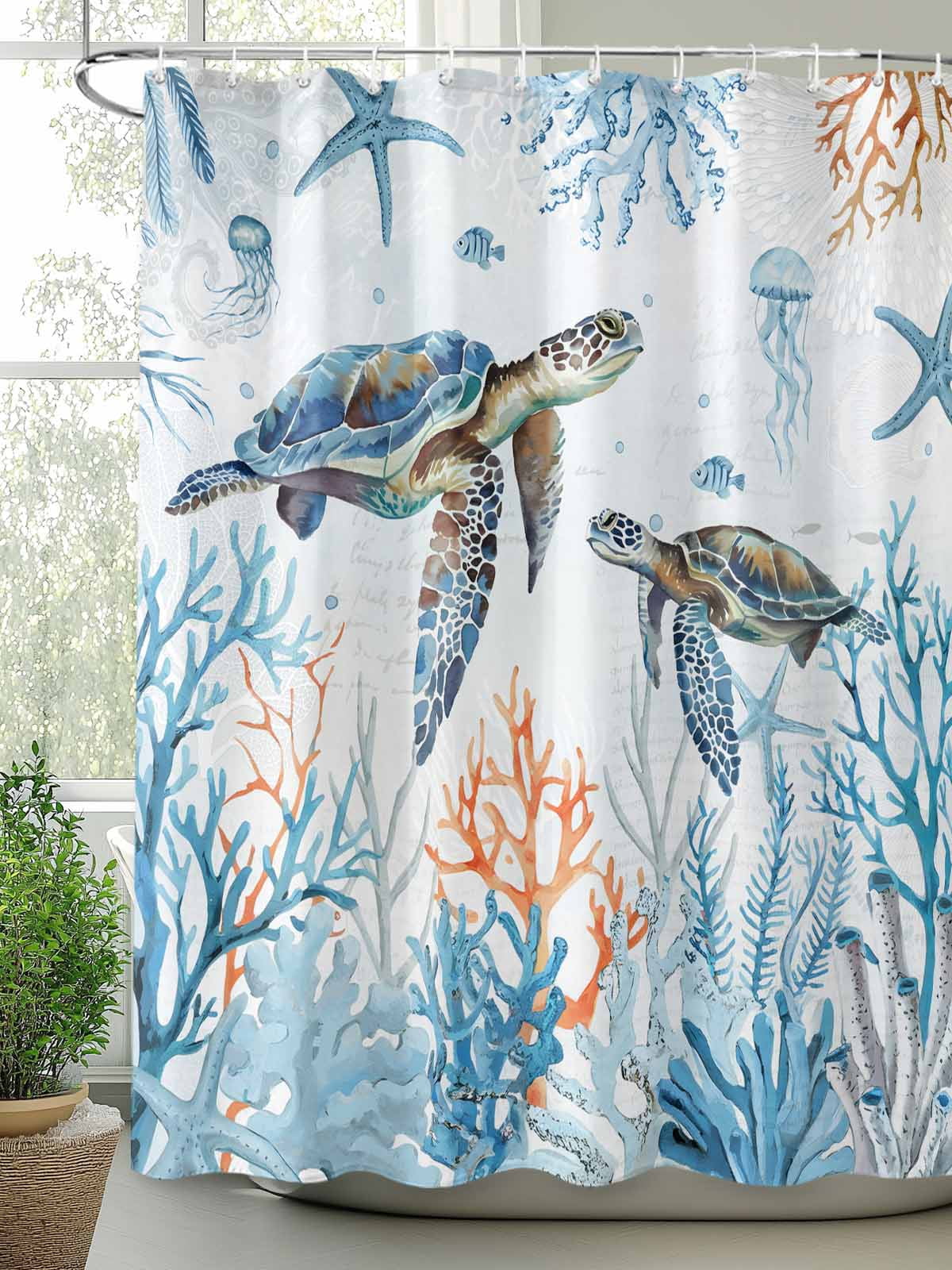 Ocean Turtle Standard Shower Curtain Set, Waterproof Shower Curtains for Bathroom, Blue Coastal Coral Starfish Seagrass Washable Fabric Cloth Bath Curtain for Bathtub with Hooks 72x72 Inches