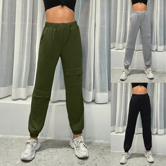 Jacenvly Sweatpants Women Bundle Foot Long Elastic Waisted Pocket Plain Women's Pants Fashion Casual Solid Elastic Waist Loose Sweatpants Joggers Pants