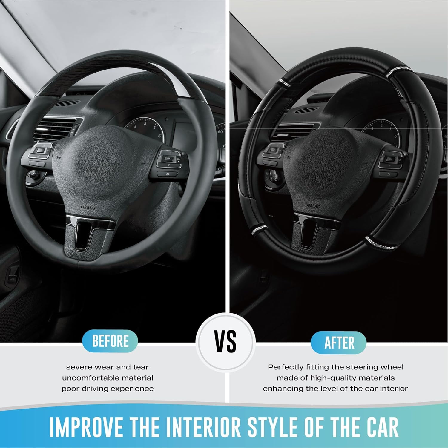 Leather Steering Wheel Cover - Made with PVC Leather - Anti-Slip, Universal Fit 14 1/2 inches to 15 inches - Black