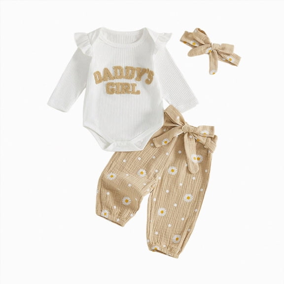 CAUYDY Infant Baby Girl Long Sleeve Daddy's Girl Little Letter Print Ribbed Romper Elastic Daisy Pants Headband Outfits(L101-Khaki,0-3 M)