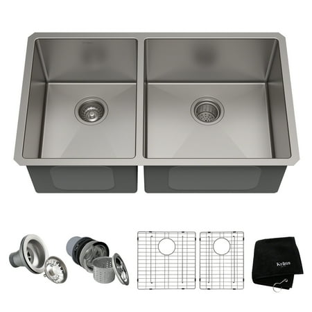 KRAUS Standart PRO™ 33-inch 16 Gauge Undermount 60/40 Double Bowl Stainless Steel Kitchen