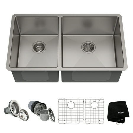 33 Undermount Double Bowl - KRAUS Standart PRO™ 33-inch 16 Gauge Undermount 60/40 Double Bowl Stainless Steel Kitchen Sink