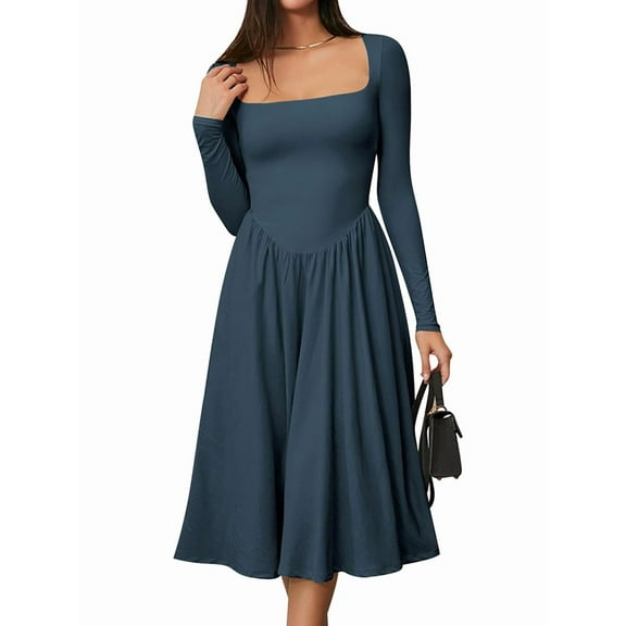 Women'S Spring and Autumn Fashion Square Neck Long Sleeve Casual A-Line Midi Dress Peacock Green S