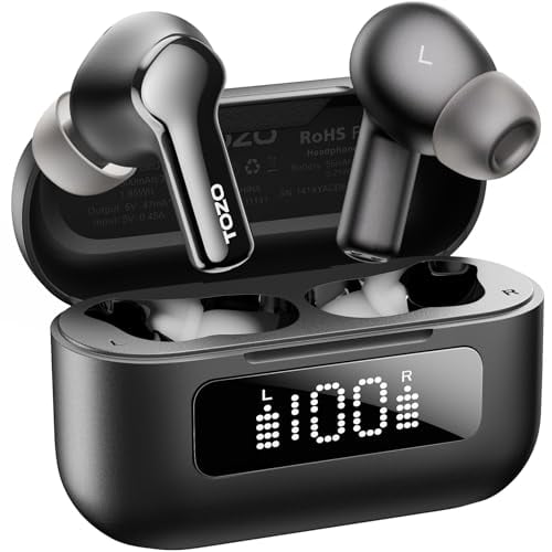 TOZO Auriculares inalámbricos híbridos con cancelación activa de ruido con 6 micrófonos AI Clear Call Ear Buds Tiempo de reproducción de 55 horas con pantalla LED 32 ecualizadores preestablecidos a tr