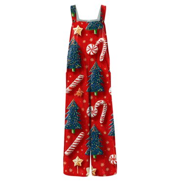BLTIBY Christmas Jumpsuit For Women Xmas Printed Knit Rompers Spaghetti Strap Jumpsuits With Pockets Sexy Outfits Loose Overalls Costumes Green S