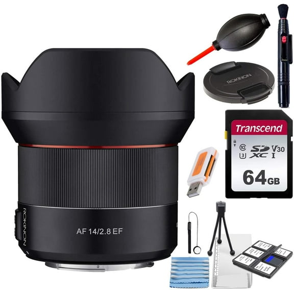 Rokinon AF 14mm f/2.8 Lens for Canon EF Mount DSLR Cameras - with Accessory Bundle