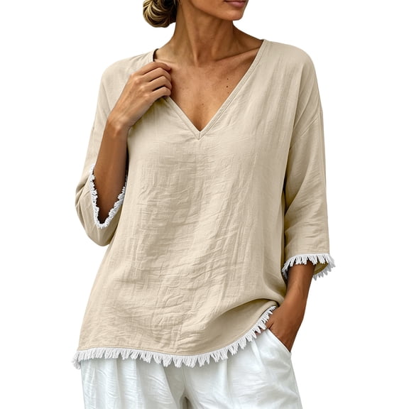Cilsoka Women 3/4 Sleeve Shirts Casual Round Neck Tops Basic Tees Cute T-Shirts Loose Fit Fringe Trim Fashion Blouses