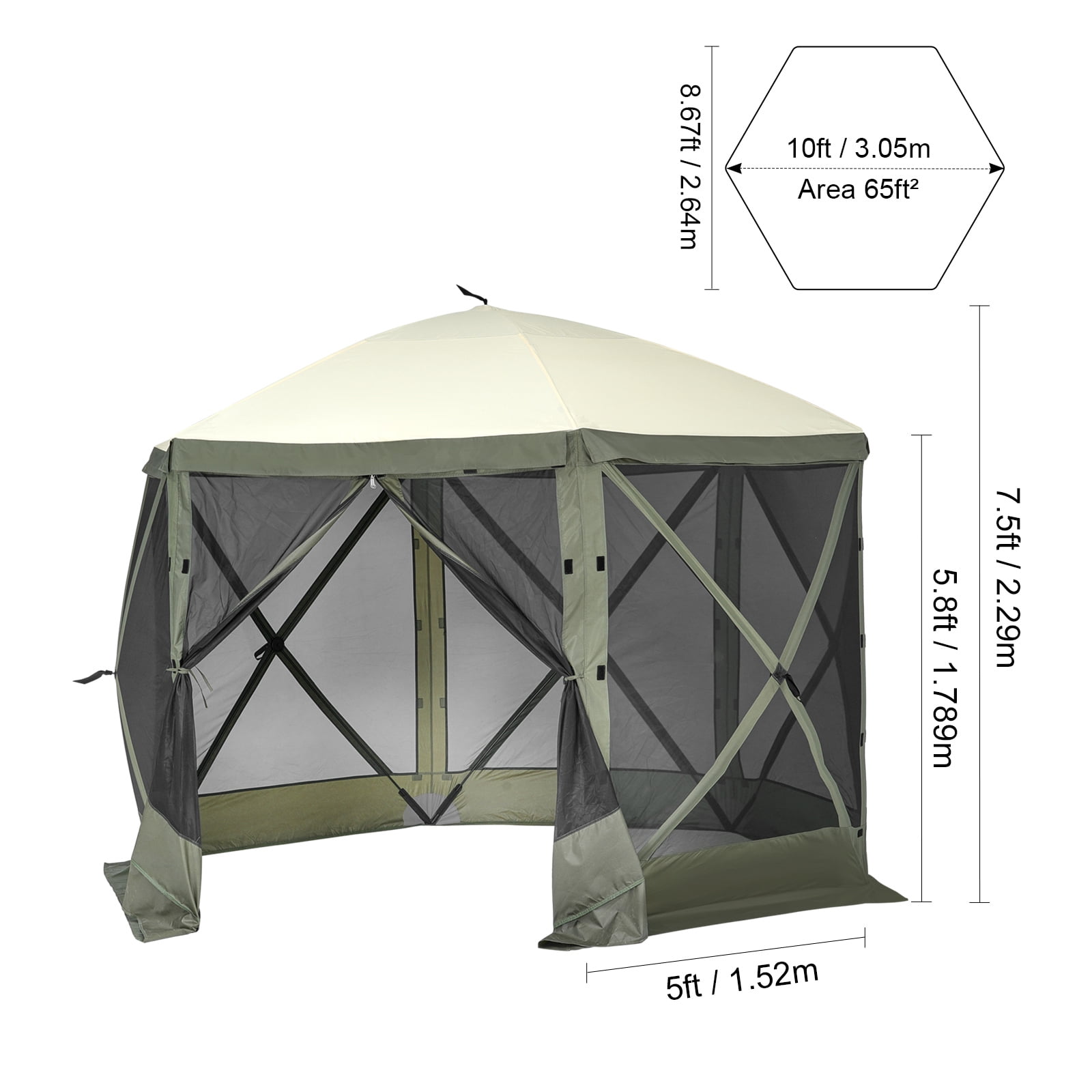 KFFKFF Instant Pavilion, 6-Sided Screened Canopy Tent with Detachable Wind Barriers & Mesh Openings, 10x10FT Rapid Deployment Shelter with Insect Protection, Easy to Assemble, Military Green