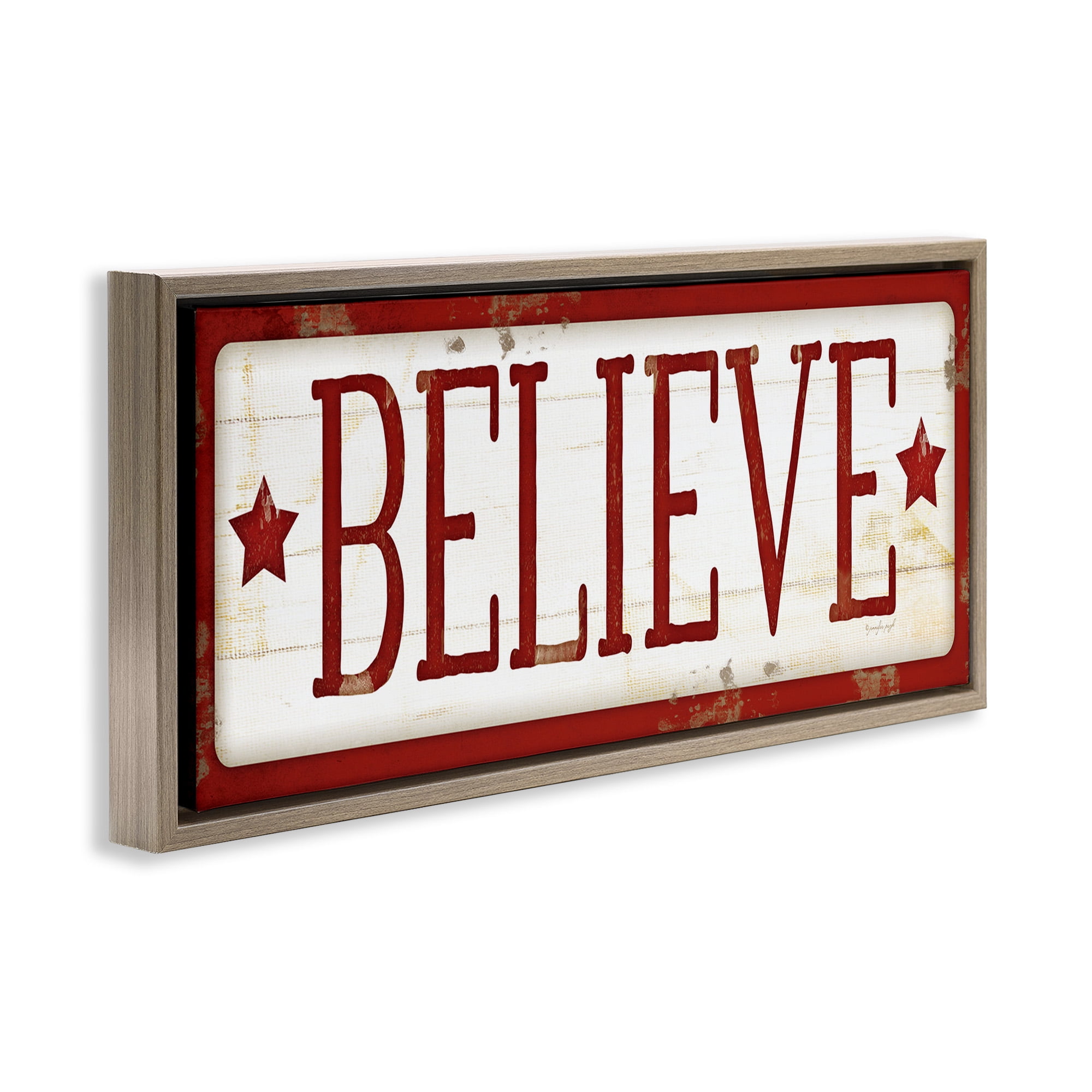 Stupell Industries Believe Red Christmas Phrase Holiday Painting Brown Floater Framed Canvas Art Print Wall Art, 31 x 14
