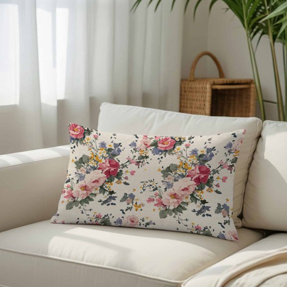 Pastoral Rose Gradient Pink Throw Pillow Covers, Decorative Pillow Covers With Hidden Zipper Soft Brushed Microfiber Fabric, Retro Farmhouse Beige Pillowcases for Couch Bed 12x20in