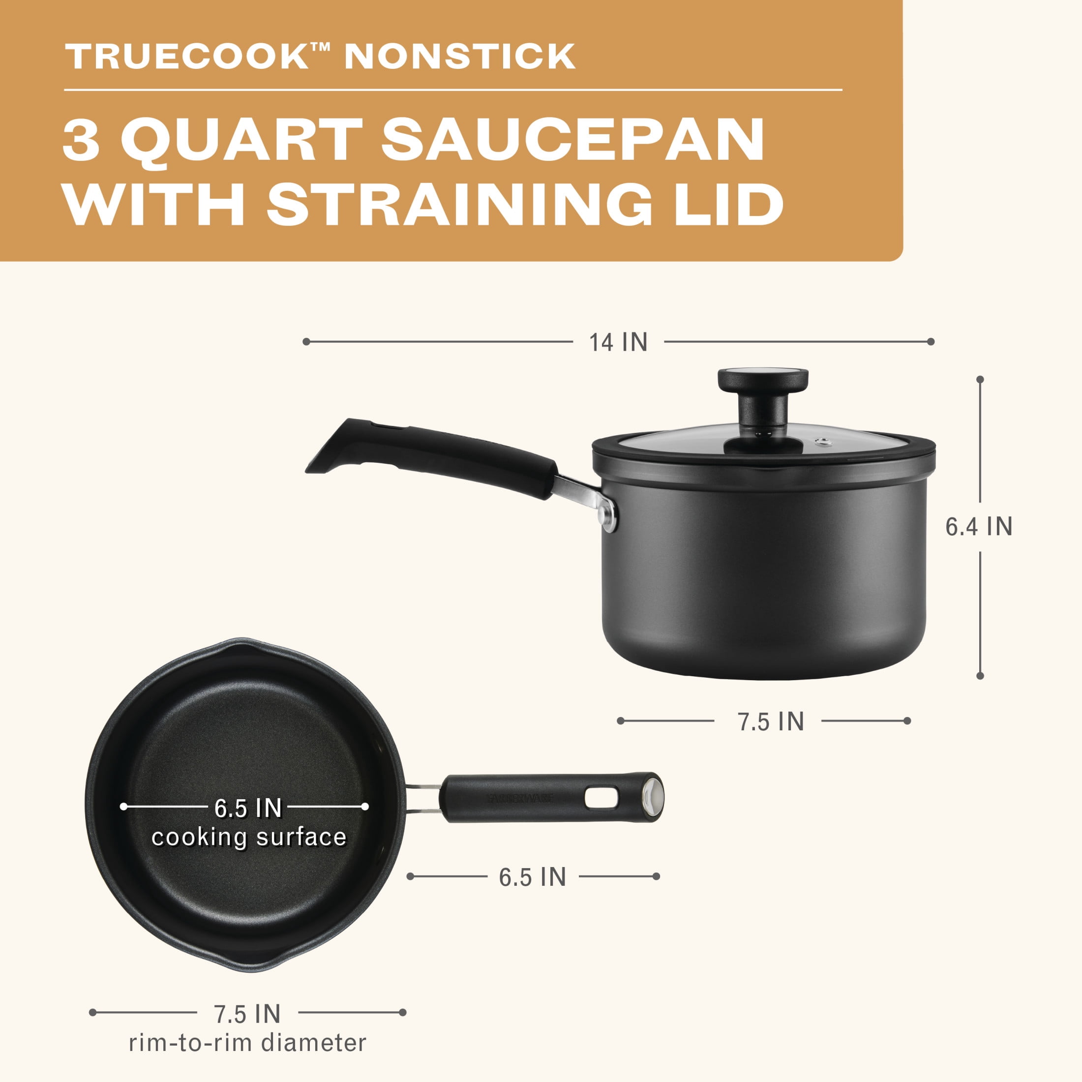 Farberware TrueCook Nonstick 3 qt Straining Saucepan with Lid, Dishwasher Safe, Black