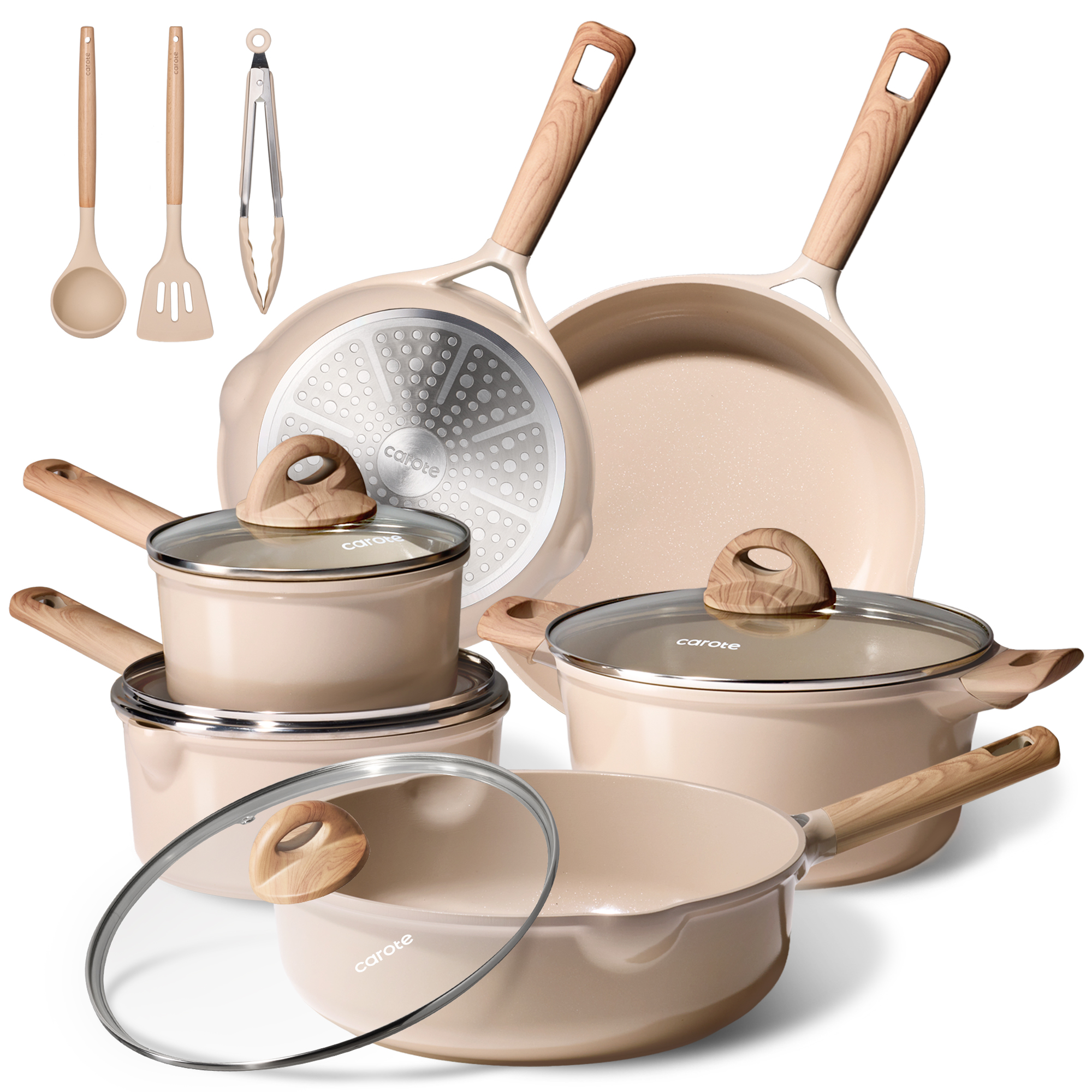 Carote 13-Piece Ceramic Nonstick Cookware Set, Taupe