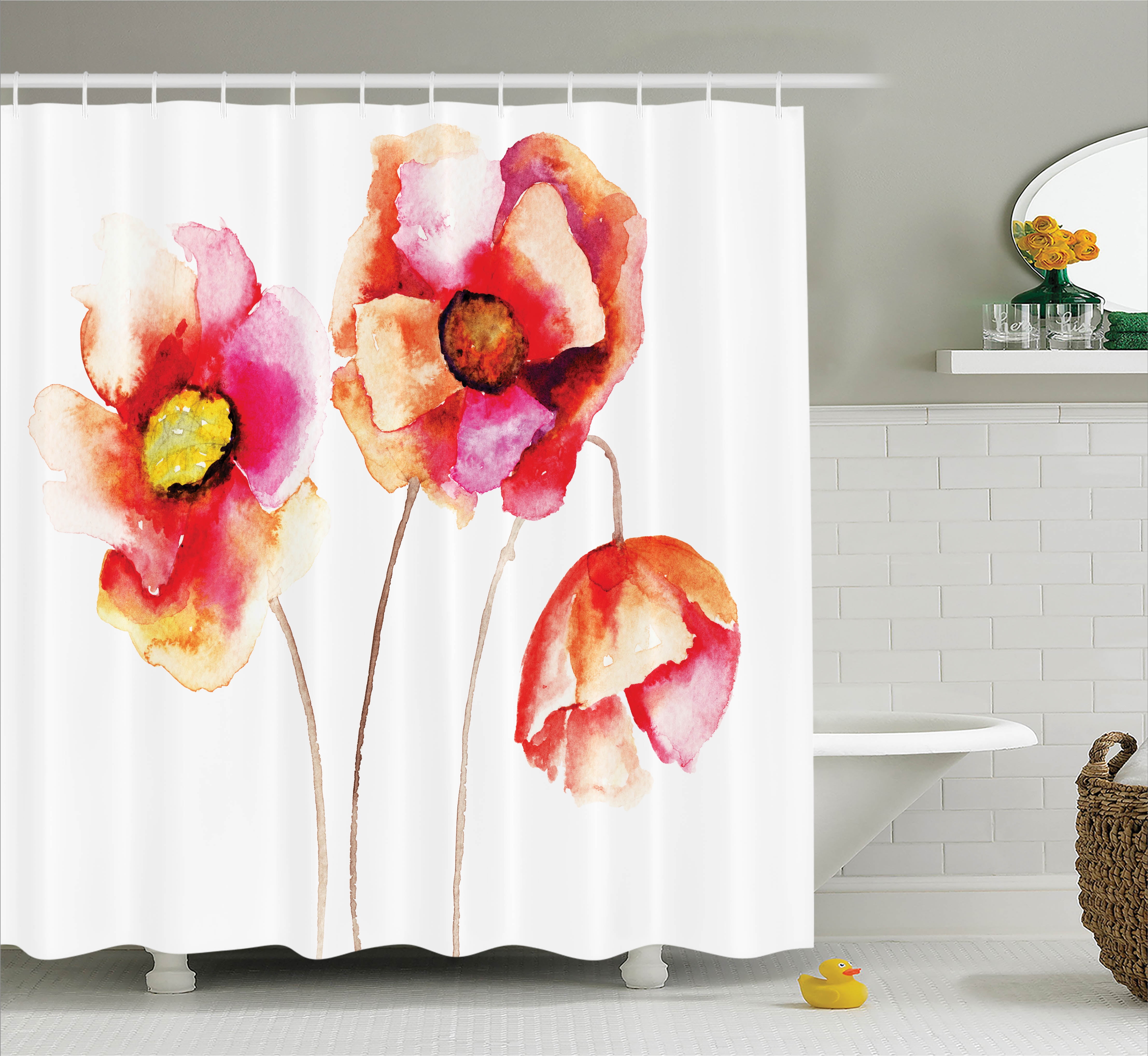 Flower Shower Curtain Set Watercolors Vibrant Poppies Graphic Peace
