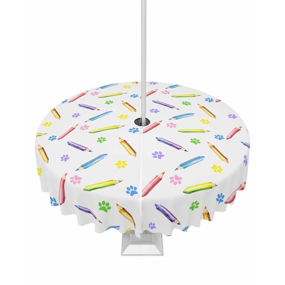 Outdoor Tablecloth with Umbrella Hole for Patio/Picnic/Party/Camping, Cartoon Waterproof Table Cloth Round Cover Washable, Cute Colorful Pencil Paw Funny Print Dia 54"