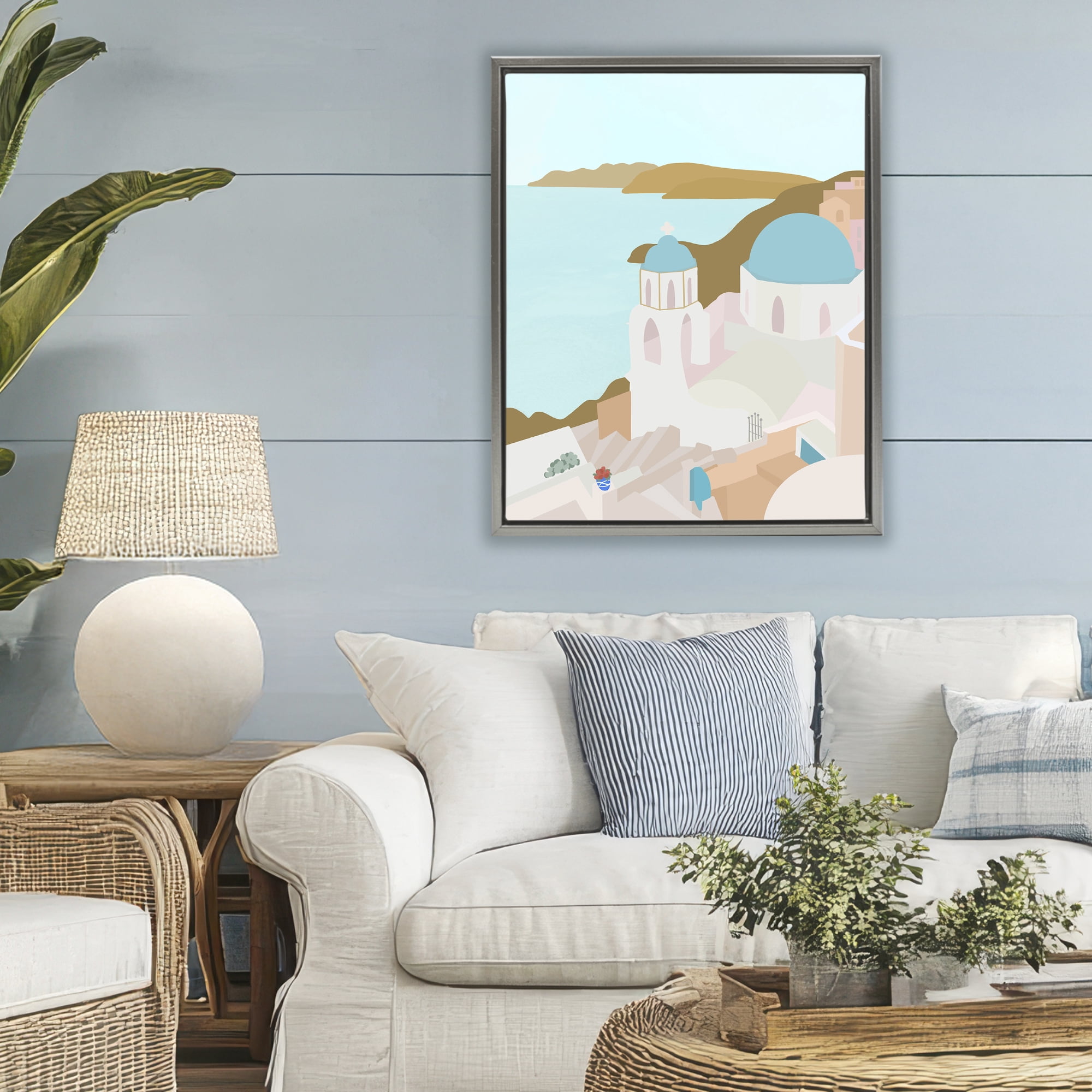 Stupell Industries Coastal Santorini Vibes Gray Framed Floater Canvas Wall Art, design by Anna Quach