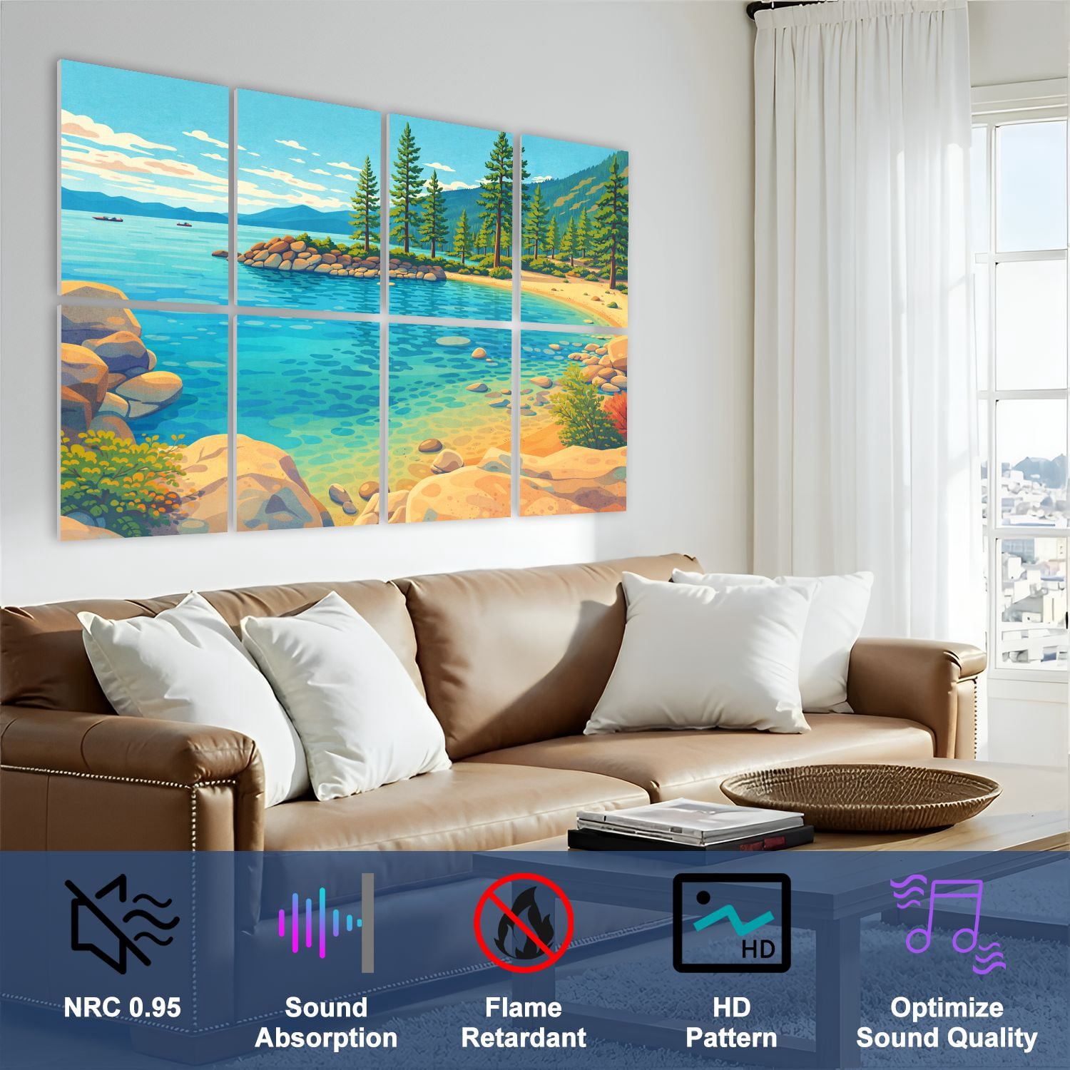 8 Pack Art Acoustic Panels Sound Absorbing Lake Tahoe Summer California Decorative Soundproof Wall Panels Self Adhesive for Nursery Game Room Bedroom 48"x32"
