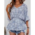 thumbnail image 3 of Top de verano para mujer, cuello en V, estampado, media manga holgada, cintura elástica, camisa de verano, Top Bule L, 3 of 8
