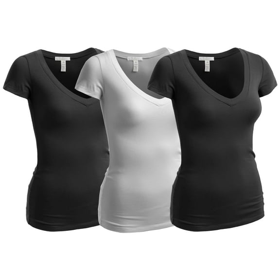 Essential Basic Women's Plain Short Sleeve V Neck T Shirts - 3Pk - 2 Blk, 1 Wht, 2XL