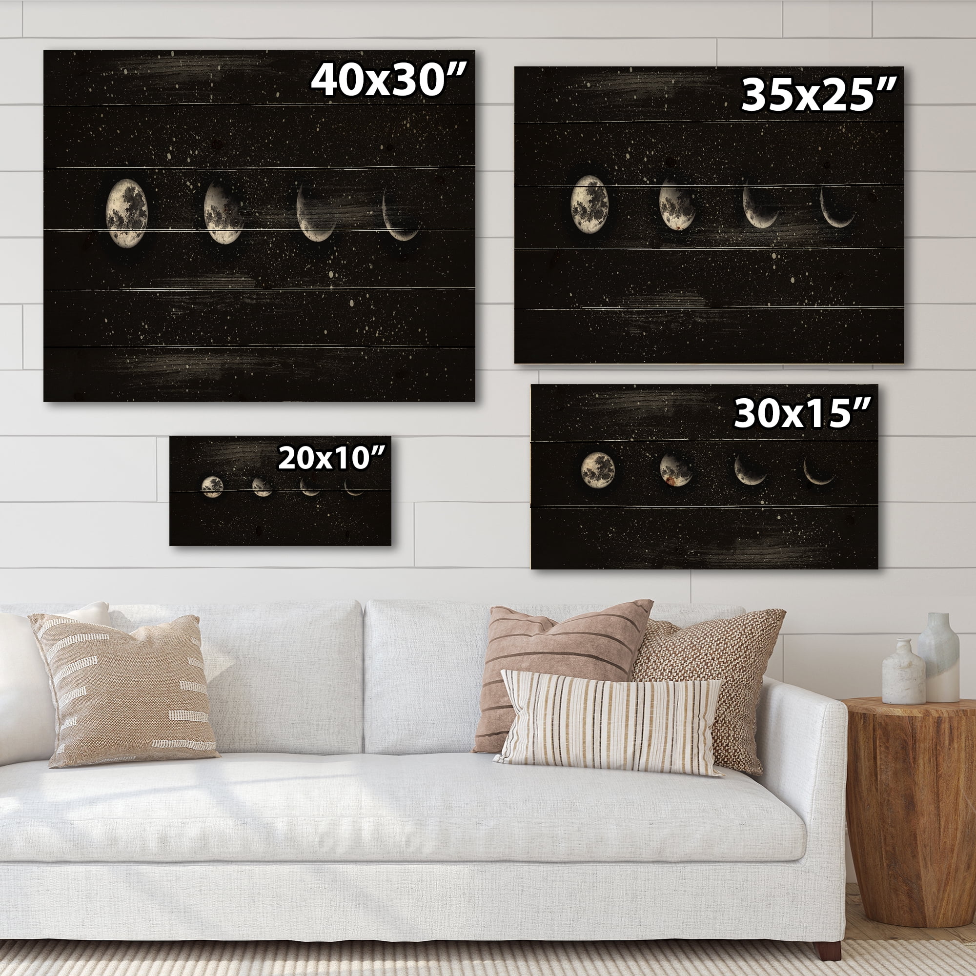 Designart 'The Night Sky With Moon Phases' Modern Print on Natural Pine Wood