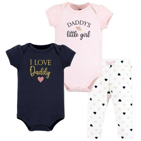 Hudson Baby Infant Girl Cotton Bodysuit and Pant Set, Girl Daddy Pink Navy, Preemie