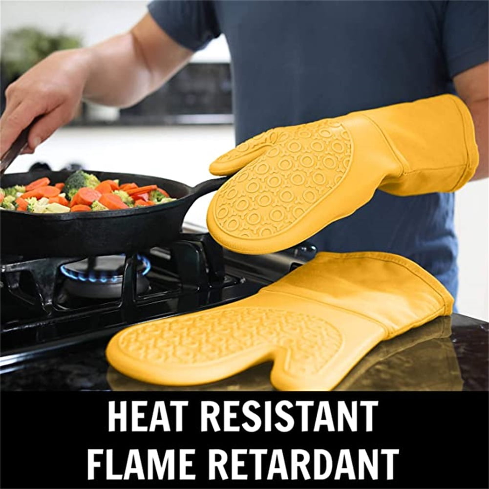 Kepooman 14.7" 1 Pair Extra Long Oven Mitts Water Repellent Heat Resistant with Quilted Liner for Oven Cooking, Grill & BBQ Non Slip Gloves, Yellow