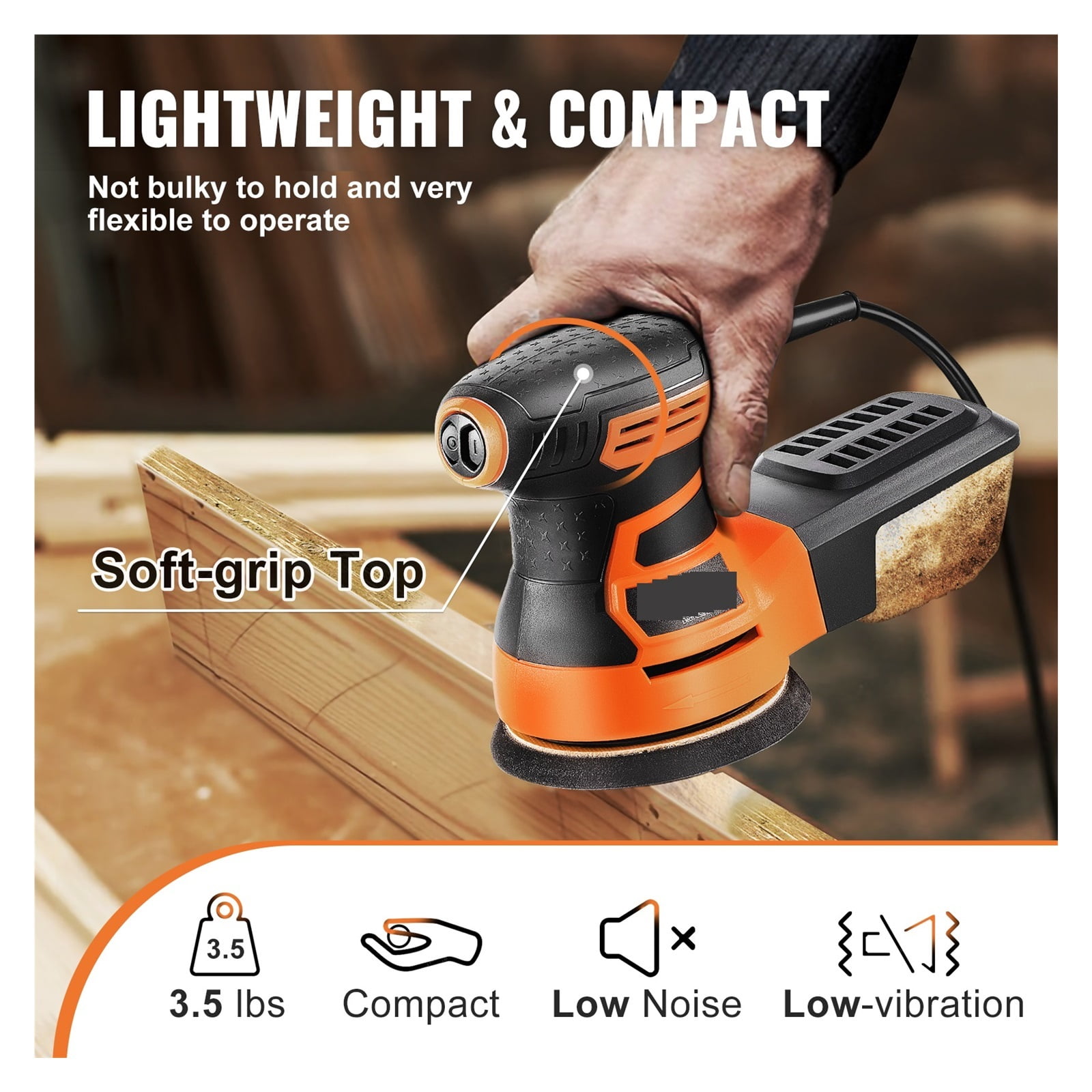 Random Orbit Sander,350W Orbital Sander,6 Speeds W/ 2pcs Hook-and-loop Connecto Rfor Woodworking Detailing Finishing