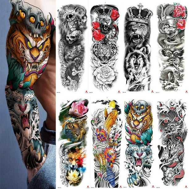 hojas grandes de brazo completo dragón flor animal manga tatuajes temporales para hombres y mujeres, estilos aleatorios adolescentes antebrazo hombro 3D temperatura impermeable falso tatuaje pegatina