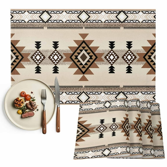 Boho Placemats Set of 8, Southwest Aztec Pattern Table Mats Washable Heat-Resistant Non-Slip Place Mats for Kitchen Dinner Table Indoor Outdoor Decor,13x19 Inch Brown Beige