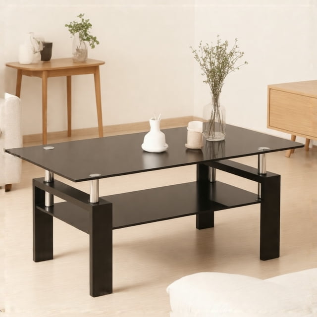 Black Glass Coffee Table with Storage - Modern Side Table for Living Room