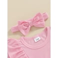 thumbnail image 5 of FEORJGP Infant Baby Girl Romper Dress 0 3M 6M 9M 12M 18M Newborn Short Sleeve Jumpsuit Solid Color Ribbed Ruffled Round Neck Bodysuit Dress with Bow Her Solid Cute Daily Clothes for Vacation, 5 of 8