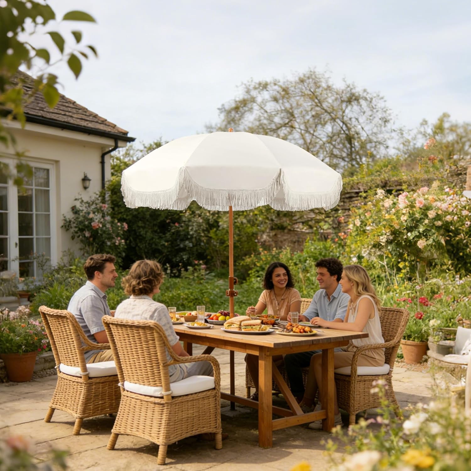 6.5ft Patio Umbrella with Fringe, Beach Umbrella, Fringe Umbrella Outdoor Patio with Hanging Hook, Tilting Aluminum Pole, UV 50+, Fiberglass Ribs, Elegant Cream
