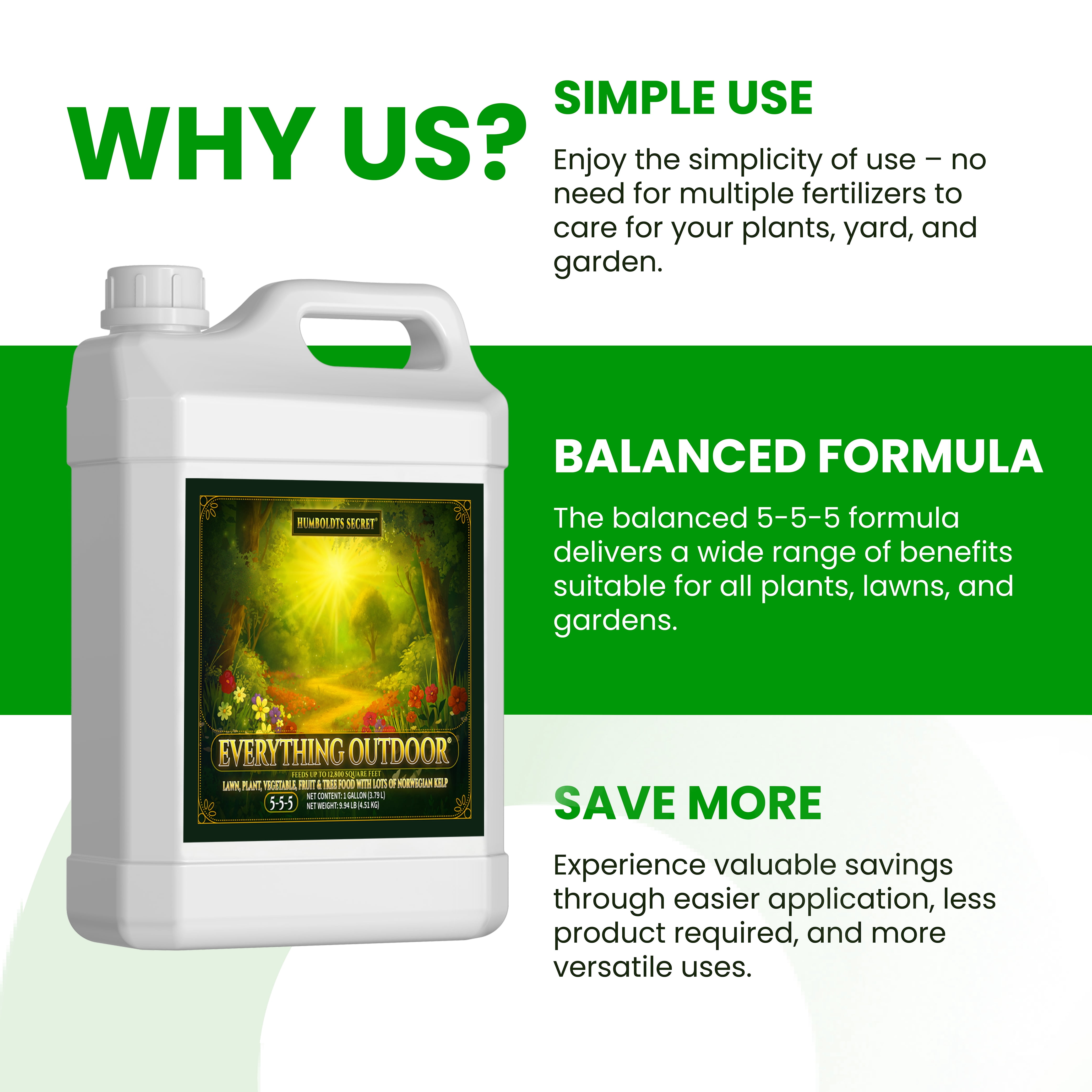 Humboldts Secret Everything Outdoor Plant Food | 5-5-5 Liquid Fertilizer with Norwegian Kelp | All Purpose Lawn, Vegetable & Fruit Food | Garden Nutrients | Refillable Hose End Bottle | 1 Gallon