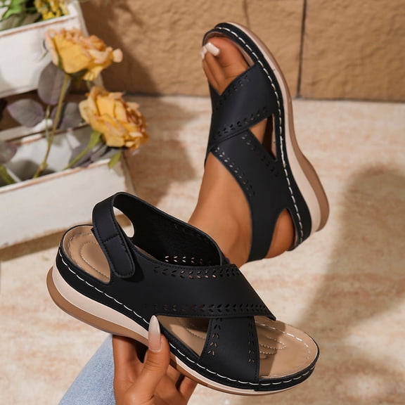Dpityserensio Sandals for Women Casual Comfortable Plus Size Solid Color Strap Round Toe Open Toe Wedge Sandals