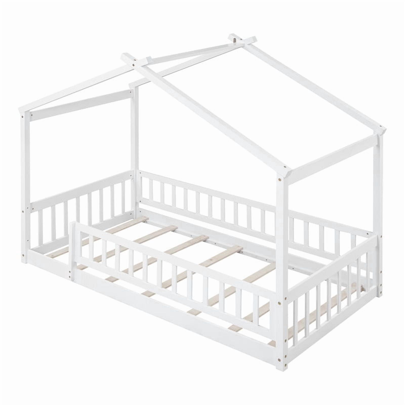 Twin Size Wood House Bed Floor Bed with Fence and Guardrails, Kids Playhouse Bed Toddler Bed Montessori Bed for Kids Boys Girls, No Box Spring Needed