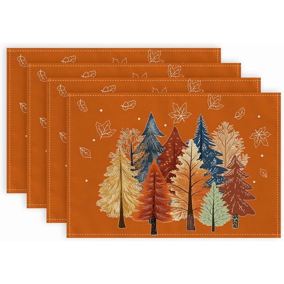 Fall Placemats 12x18 Inch Set of 4, Watercolor Trees and Maple Leaves Table mats, Farmhouse Rustic Thanksging Kitchen Dining Table Decoration for Indoor Dinner Party Décor Orange