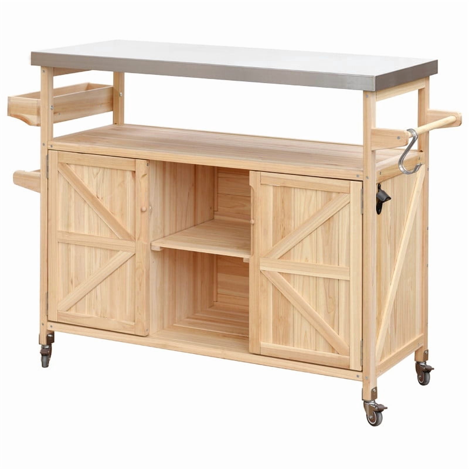 Outdoor Kitchen Island with Stainless Steel Top, Wood Grill Cart Storage Cabinet with Adjustable Shelf, Outdoor Grill Table with Spice Rack & Towel Rack