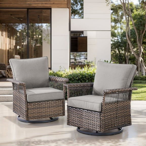 OPOHORO 2 Piece Swivel Rocker Patio Chairs Set with 5-Inch Armrest and Thick Cushion, Brown/Gray