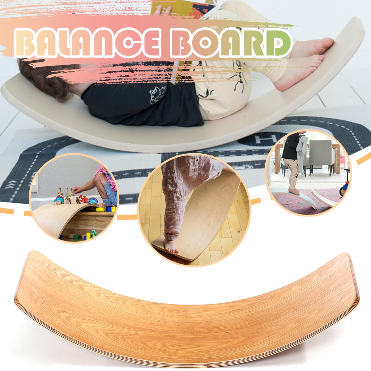 32" Kids Balance Board Wooden Child Waldorf Curved Balance Beam Bridge