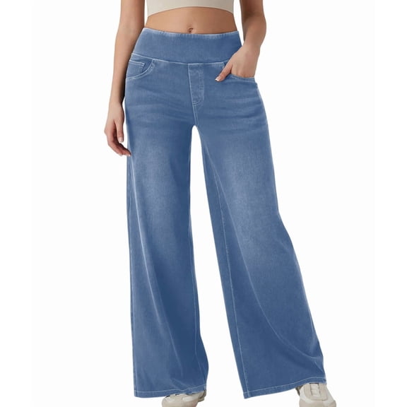 Jeans for Women High Waisted Pull on Baggy Jeans Straight Casual Denim Pants with Pockets Light Blue M