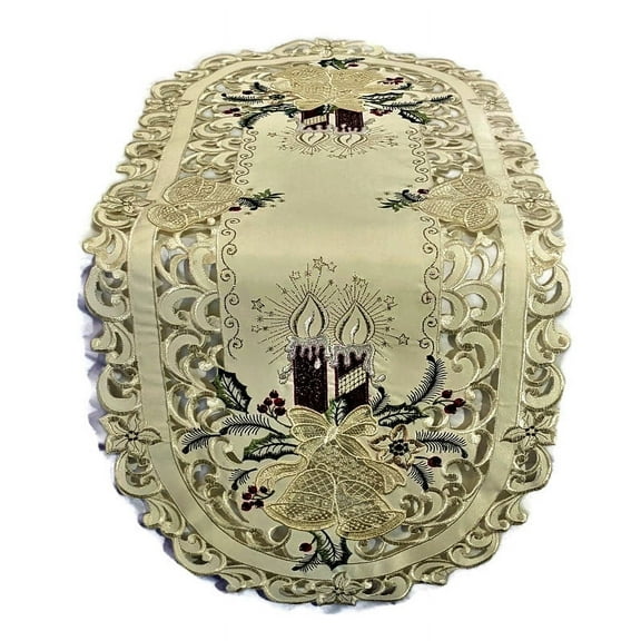 Doily Boutique Table Runner with Red Christmas Candles and Lace Bells on Fabric Size 34 x 15 inches