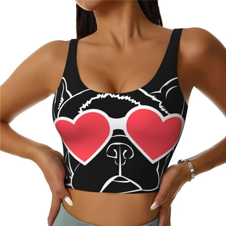 Qokaie Animal Bulldog French Pattern Womens Scoop Neck Sports Bra Breathable Workout Vest Padded U Back Medium Impact Fitness Gym Yoga Bra Workout Crop Top-Large